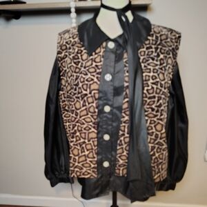 LADY manhatten Vintage Cheetah Women's Silky Blouse with Vest And Tie Scarf Sz L